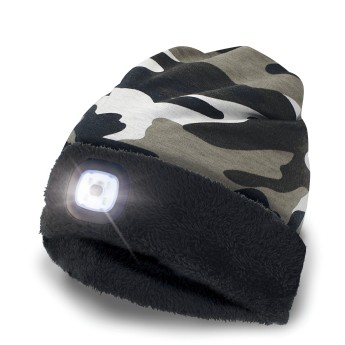 ATTILA: Beanie with rechargeable LED front light. Fleece lined. Camouflage white