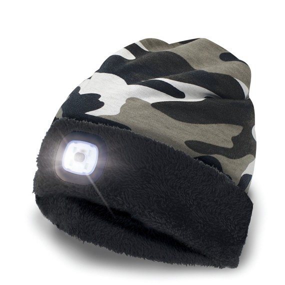 ATTILA: Gorra con luz frontal LED recargable. Forro polar. Camuflaje blanco