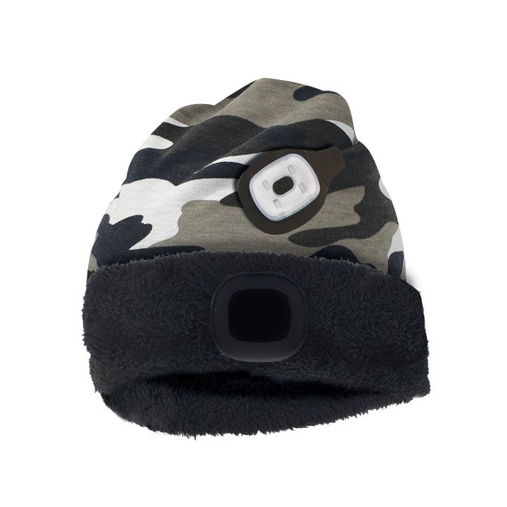 ATTILA: Gorra con luz frontal LED recargable. Forro polar. Camuflaje blanco