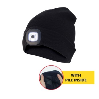 LIGHTHOUSE : Bonnet avec lumière frontale LED rechargeable et doublure polaire. Noir