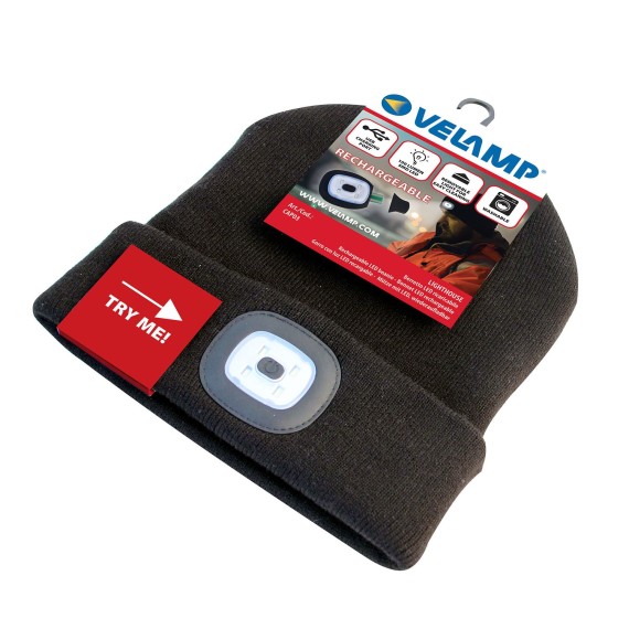 LIGHTHOUSE: Beanie with rechargeable LED front light and fleece lining. Black