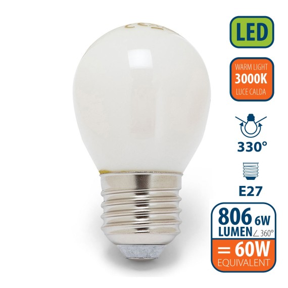 Opal LED filament bulb, P45 sphere, 6W / 806lm, E27 base, 3000K