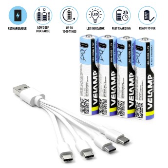 4 batterie AA Li-Ion ricaricabili tramite USB-C. 1400mAh.... 2