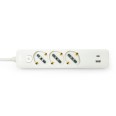 Italian power strip with a large 16A plug, three Schuko sockets, and two USB ports. With a switch. 1.5m cable. White.