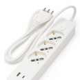 Italian power strip with a large 16A plug, three Schuko sockets, and two USB ports. With a switch. 1.5m cable. White.