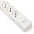 Italian power strip with a large 16A plug, three Schuko sockets, and two USB ports. With a switch. 1.5m cable. White.