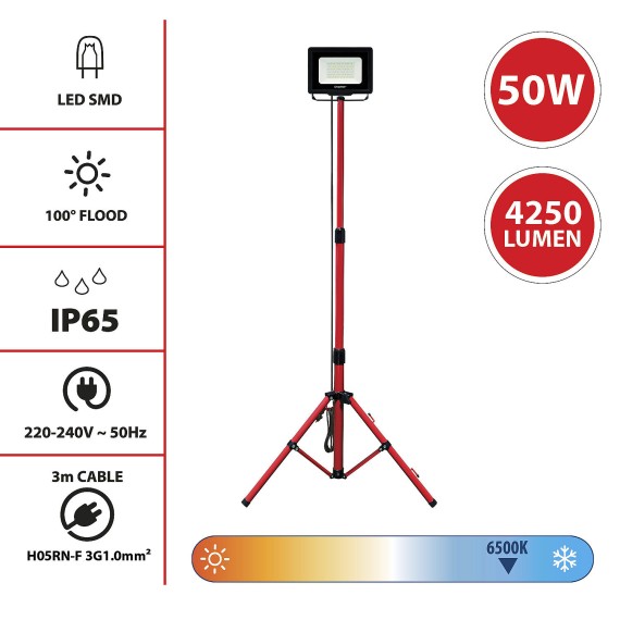 WAINGRO + TRIPOD: 50W SMD LED floodlight IP65,...