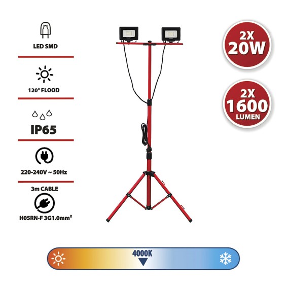 DOPPELKOPF: 2 x 20W SMD-LED-Arbeitsleuchte +...