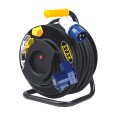 Enrollador de cable profesional H07RN-F3G1.5MM2, 1 enchufe CEE / 1 toma CEE + 1 Schuko. 25m