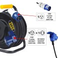 Enrollador de cable profesional H07RN-F3G1.5MM2, 1 enchufe CEE / 1 toma CEE + 1 Schuko. 25m