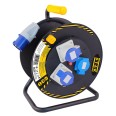 Enrollador de cable profesional H07RN-F3G2.5MM2, 1 enchufe CEE / 2 tomas CEE + 1 Schuko. 25m