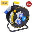Enrollador de cable profesional H07RN-F3G2.5MM2, 1 enchufe CEE / 2 tomas CEE + 1 Schuko. 25m