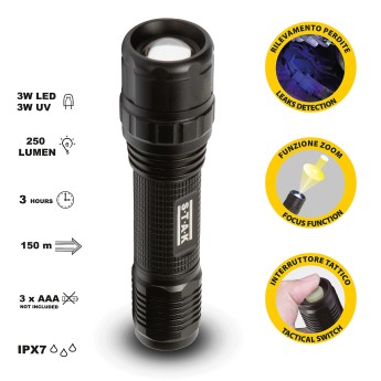 HORATIO: Linterna LED 3W + UV. Funciona con pilas, aluminio. 2