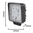 Quadratische Arbeitsleuchte, 12/24 V, 27 W, 1800 Lumen, Schutzart IP67. Schwarz.