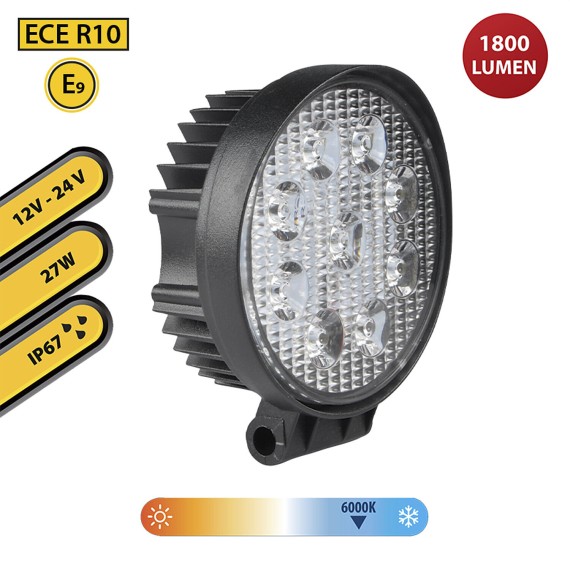 Projecteur de travail rond 12/24 V, 27 W et 1...