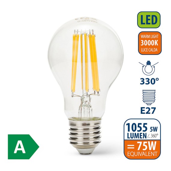 LED Filament Bulb, Drop A60, 5W/1055lm, E27...