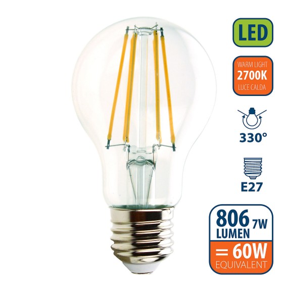 LED Filament Bulb, Drop A60, 7W/806lm, E27...