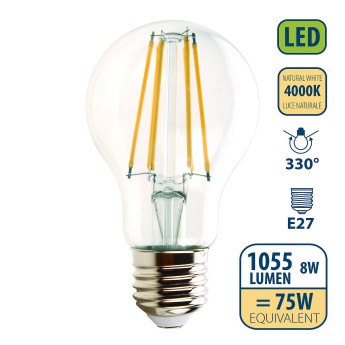 LED Filament Bulb, Drop A60, 8W/1055lm, E27 Base, 4000K 2