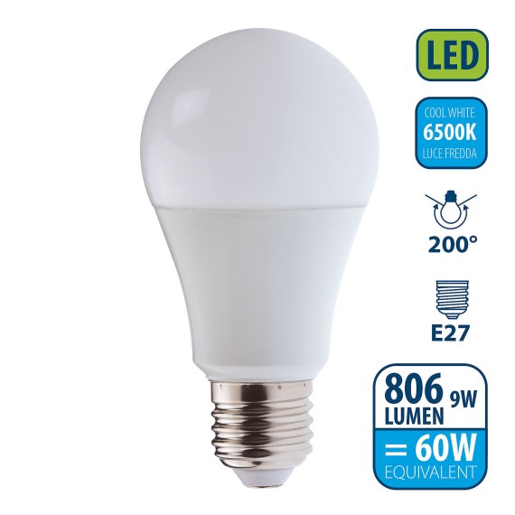 SMD LED bulb, A60 drop, 9W/806lm, E27 base, 6500K