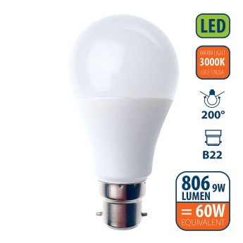 SMD LED bulb, A60 drop, 9W/806lm, B22 base (France), 3000K 2