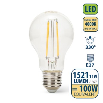 LED Filament Bulb, Drop A60, 11W/1521lm, E27 Base, 4000K 2
