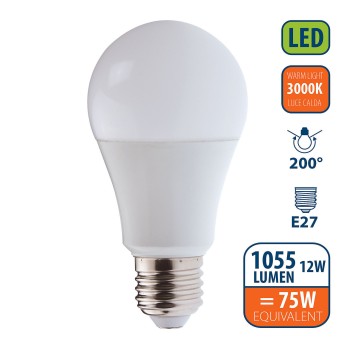 SMD LED bulb, A60 drop, 12W/1055lm, E27 base, 3000K 2