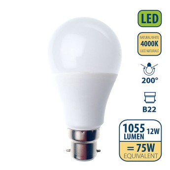 SMD LED bulb, A60 drop, 12W/1055lm, B22 base (France), 4000K 2