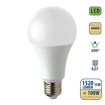 SMD LED bulb, A60 drop, 15W/1520lm, E27 base, 4000K 2