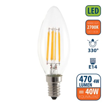LED Filament Bulb, Olive C35, 4W/470lm, E14 Base, 2700K 2