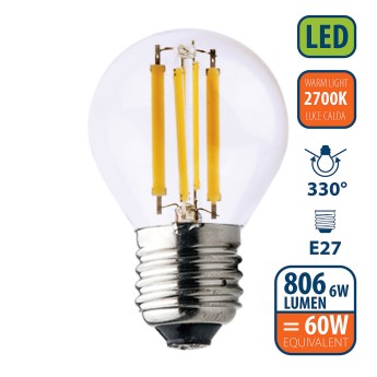 LED Filament Bulb, P45 Sphere, 6W/806lm, E27 Base, 2700K 2