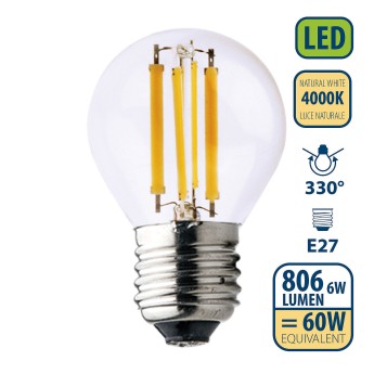 LED Filament Bulb, P45 Sphere, 6W/806lm, E27 Base, 4000K 2