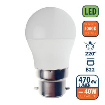 SMD LED bulb, Sfera P45, 6W/470lm, B22 base (France), 3000K 2