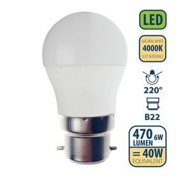 SMD LED bulb, P45 sphere, 6W/470lm, B22 base (France), 4000K 2