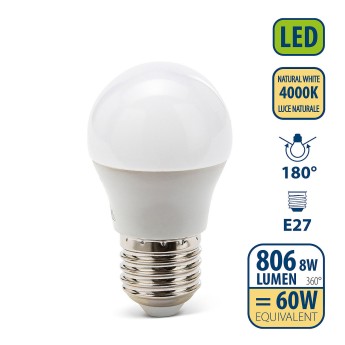 SMD LED bulb, Sfera P45, 8W/806lm, E27 base, 4000K 2