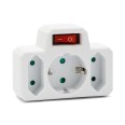 Toma de corriente triple frontal de 16 A + 2 x 6 A - Schuko estándar. Con interruptor. Color blanco.