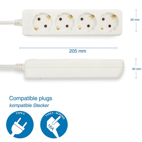 Standard Schuko 4x16A power strip, 1m long...