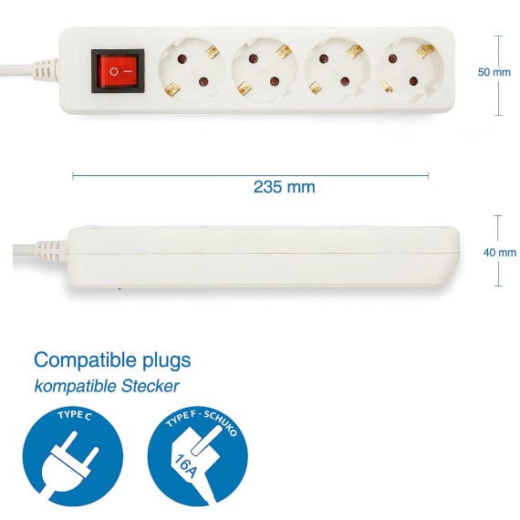 Standard Schuko x16A power strip, with switch,...