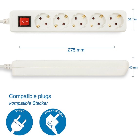 Standard Schuko 5x16A power strip, with switch,...