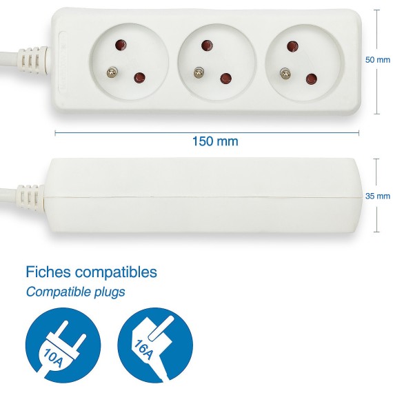 Regleta francesa 3x16A, cable de 1 m,...
