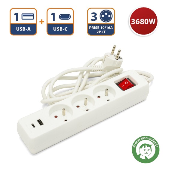 French power strip with 3 2P+T outlets and 2...