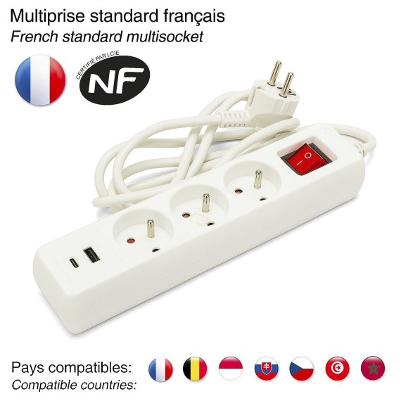 French power strip with 3 2P+T outlets and 2...