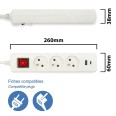 French power strip with 3 2P+T outlets and 2 USB ports. 1.5m cable.