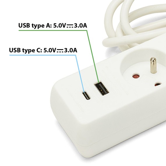 French power strip with 3 2P+T outlets and 2...