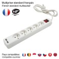 Französische Standard-Steckdosenleiste mit 5 Doppelsteckdosen (2P+T) und 2 USB-Anschlüssen. 1,5 m Kabel. Weiß.