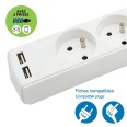 Französische Standard-Steckdosenleiste mit 5 Doppelsteckdosen (2P+T) und 2 USB-Anschlüssen. 1,5 m Kabel. Weiß.