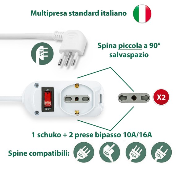 Multipresa 3 posti: 1 schuko + 2 bivalenti...