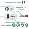 Multipresa 3 posti: 1 schuko + 2 bivalenti 10/16A. Cavo 1,4m, Spina Piccola 10A