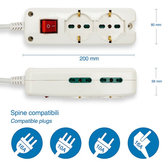6-way power strip: 2 Schuko + 4 dual-use 10/16A...