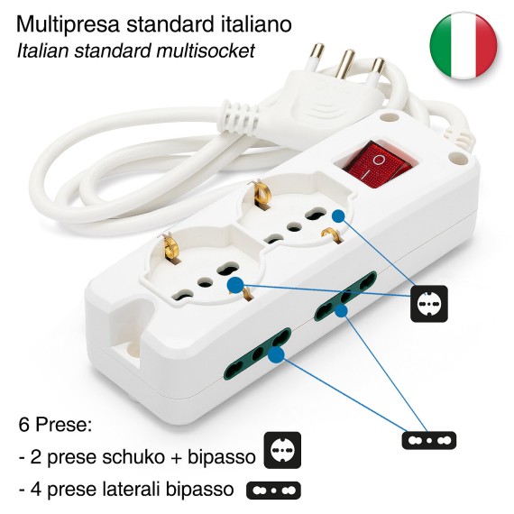 6-way power strip: 2 Schuko + 4 dual-use 10/16A...
