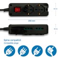 Regleta de 6 enchufes: 2 tomas Schuko + 4 tomas doble uso 10/16A. Cable de 1,5m e interruptor.